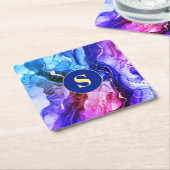 ブルーパープル&レッドバイオレット液体インク、モノグラム スクエアペーパーコースター (アングル)