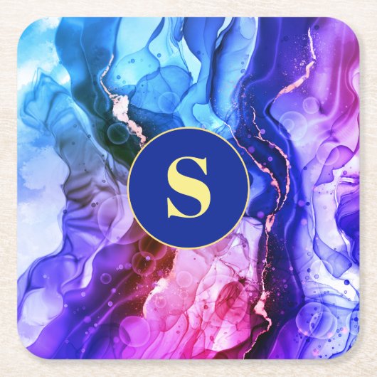 ブルーパープル&レッドバイオレット液体インク、モノグラム スクエアペーパーコースター (正面)