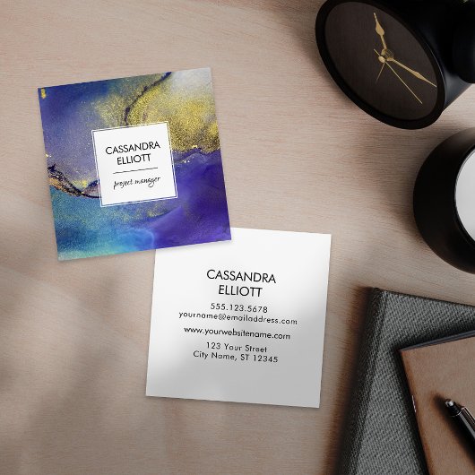 ブルーパープル&金ゴールドインクリキッドアート スクエア名刺