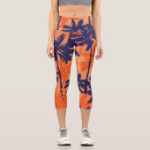 ブルーパームシルエット、オレンジ色の背景 カプリレギンス (正面)