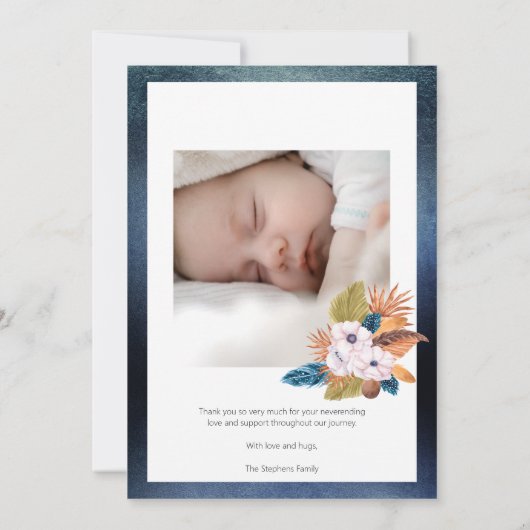 ブルーパーム葉 |羽毛2フォト男の赤ちゃん誕生 案内状 (裏面)