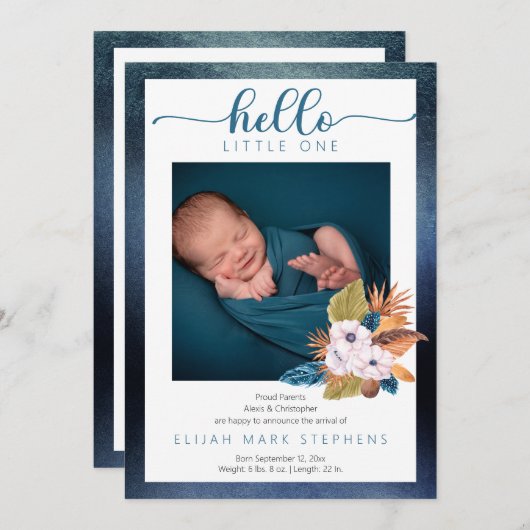 ブルーパーム葉 |羽毛2フォト男の赤ちゃん誕生 案内状 (正面/裏面)