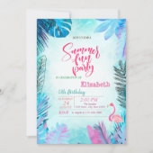 ブルーパーム離れズピンクフラミンゴサマー誕生日 招待状 (正面)