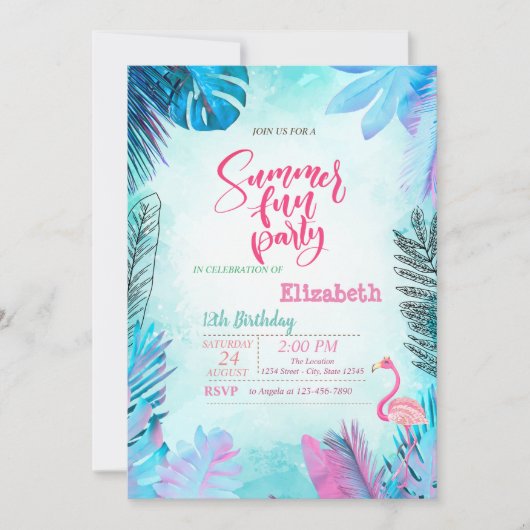 ブルーパーム離れズピンクフラミンゴサマー誕生日 招待状 (正面)