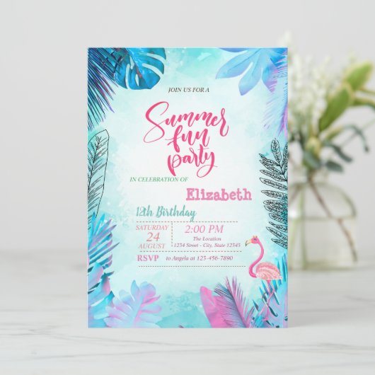 ブルーパーム離れズピンクフラミンゴサマー誕生日 招待状 (スタンド正面)