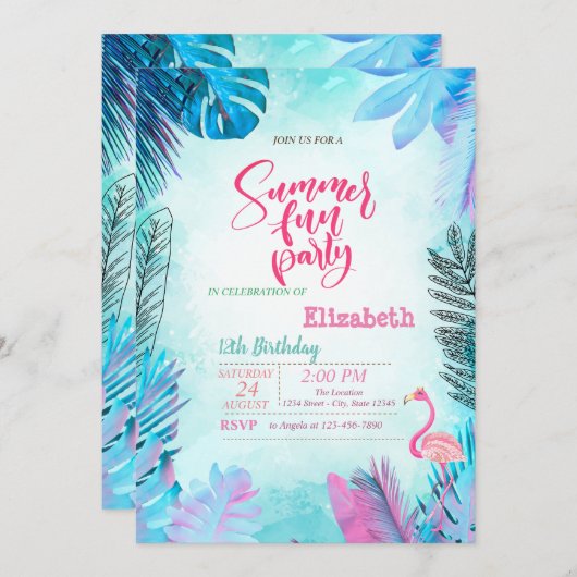ブルーパーム離れズピンクフラミンゴサマー誕生日 招待状 (正面/裏面)
