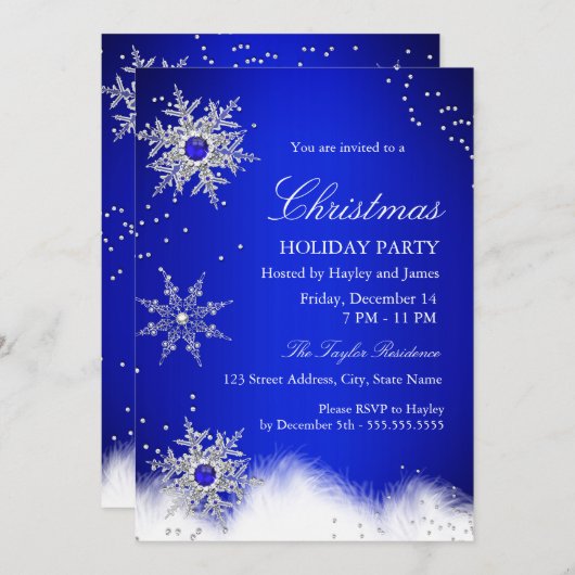 ブルーパールスノーフレーククリスマスホリデーパーティー 招待状 (正面/裏面)