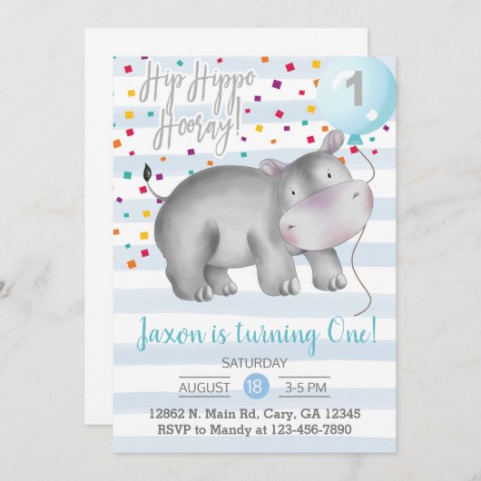 ブルーヒッポボーイ1st誕生日の招待状。 招待状 (正面/裏面)
