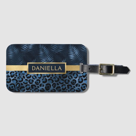 ブルーヒョウ印刷きらめく熱帯フローラ名 ラゲッジタグ (正面横)