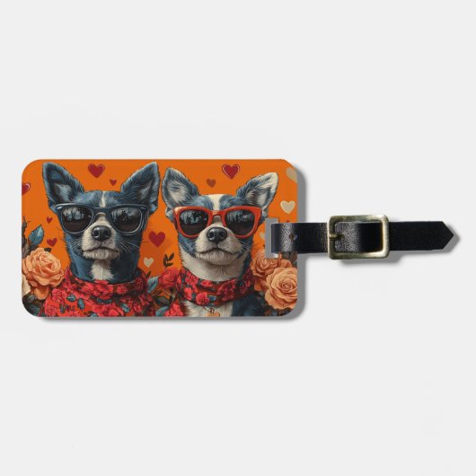 ブルーヒーラーとハートバラバレンタインデー ラゲッジタグ (正面横)