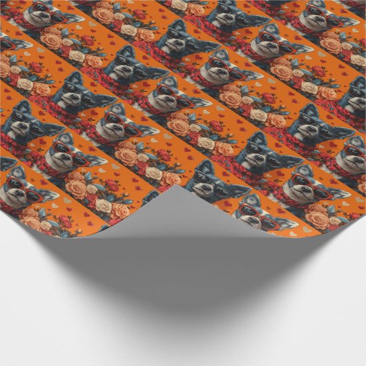 ブルーヒーラーとハートバラバレンタインデー ラッピングペーパー (角)