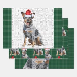 ブルーヒーラークリスマスドッググリーンプレイド ラッピングペーパーシート