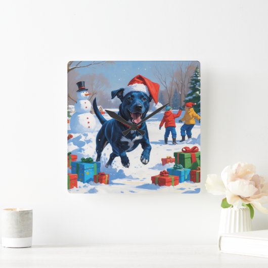 ブルーヒーラークリスマスフェスティバルスノーシーン スクエア壁時計 (ホーム)