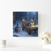 ブルーヒーラースノウィースリークリスマスデコール スクエア壁時計 (ホーム)