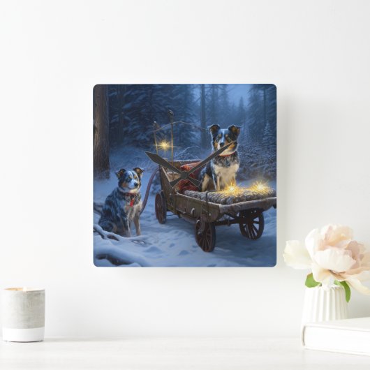 ブルーヒーラースノウィースリークリスマスデコール スクエア壁時計 (ホーム)