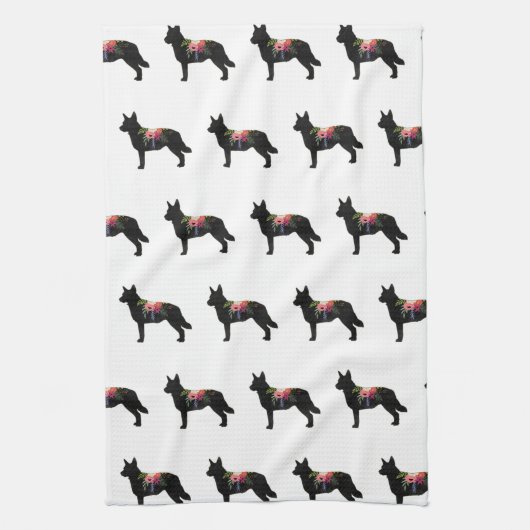 ブルーヒーラードッグブレッドボホフローラシルエット キッチンタオル (縦)