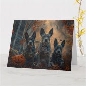 ブルーヒーラーハロウィーンナイトドギー喜び カード (黄色い花)