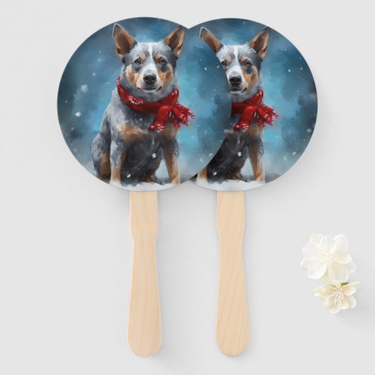 ブルーヒーラー犬のクリスマス・スノー ハンドファン (正面&裏面)