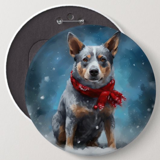 ブルーヒーラー犬のクリスマス・スノー 缶バッジ (正面&裏面)