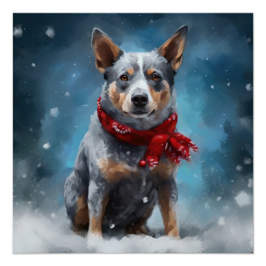 ブルーヒーラー犬のクリスマス・雪景色 ポスター (正面)