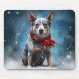 ブルーヒーラー犬のクリスマス・雪景色 マウスパッド