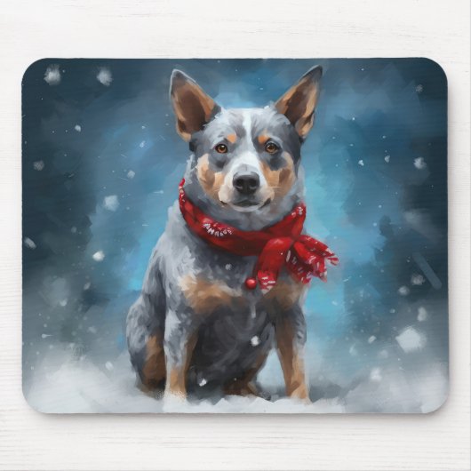 ブルーヒーラー犬のクリスマス・雪景色 マウスパッド (正面)