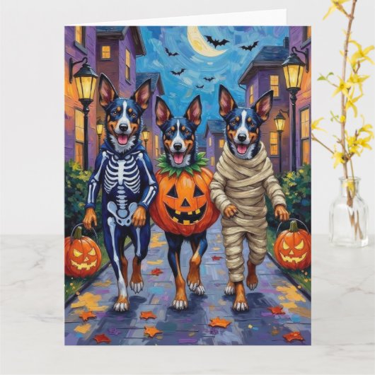 ブルーヒーラー犬のハロウィン カード (黄色い花)