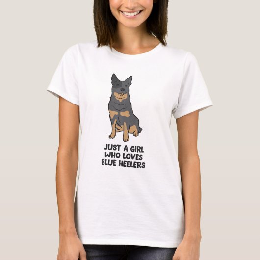 ブルーヒーラー犬の女の子、ブルーを愛する女の子 Tシャツ (正面)