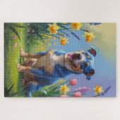 ブルーヒーラー犬の春の花の絵画 ジグソーパズル (横)