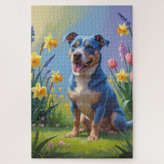 ブルーヒーラー犬の春の花の絵画 ジグソーパズル (縦)