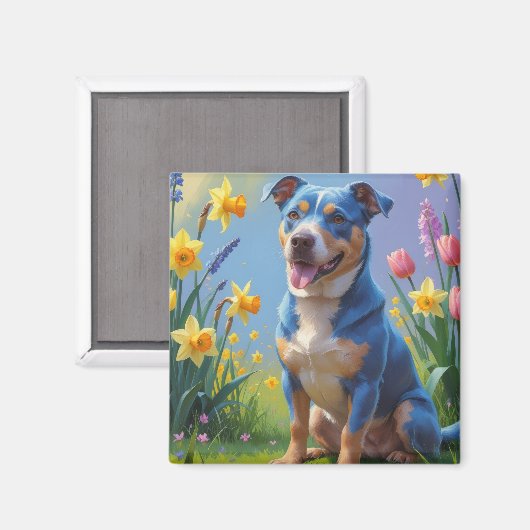ブルーヒーラー犬の春の花の絵画 マグネット (正面/裏面)