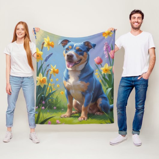 ブルーヒーラー犬の春の花の絵 フリースブランケット (インサイチュ)