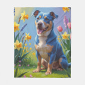 ブルーヒーラー犬の春の花の絵 フリースブランケット (正面)
