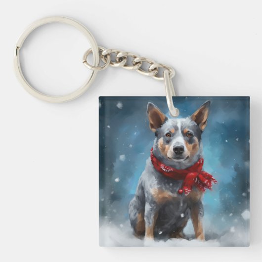 ブルーヒーラー犬の雪のクリスマス キーホルダー (正面)