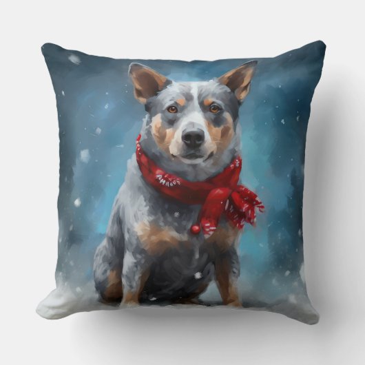 ブルーヒーラー犬の雪のクリスマス クッション (正面)