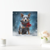 ブルーヒーラー犬の雪のクリスマス スクエア壁時計 (ホーム)