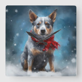ブルーヒーラー犬の雪のクリスマス スクエア壁時計 (正面)