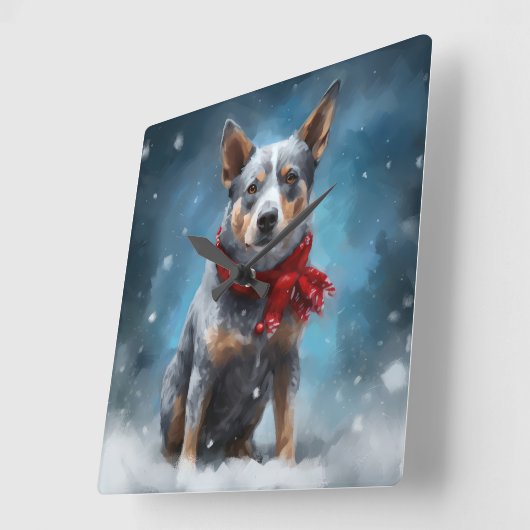 ブルーヒーラー犬の雪のクリスマス スクエア壁時計 (傾斜)