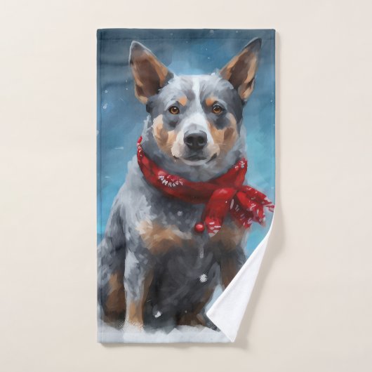 ブルーヒーラー犬の雪のクリスマス バスタオルセット (ハンドタオル)