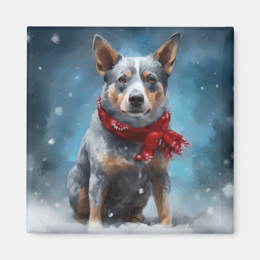 ブルーヒーラー犬の雪のクリスマス マグネット (正面)