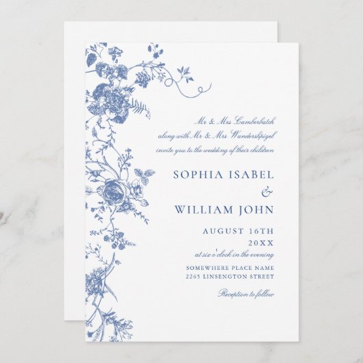 ブルービクトリアンガフランスのーデンフローラ結婚ズ 招待状 (正面/裏面)