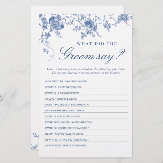 ブルービクトリアンガーデンフランスのブライダルシャワーゲーム (正面/裏面)