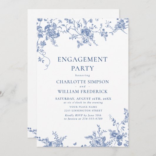 ブルービクトリアンガーフランスのデン婚約パーティQR 招待状 (正面/裏面)