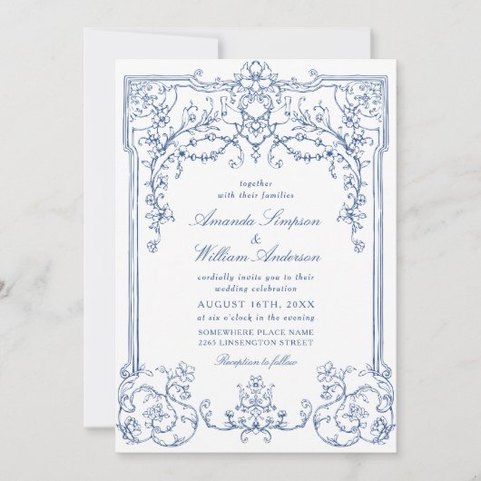 ブルービクトリアングレース華美フローラ結婚ズ 招待状 (正面)