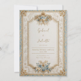 ブルービクトリアンバロックフローラ結婚ズ 招待状