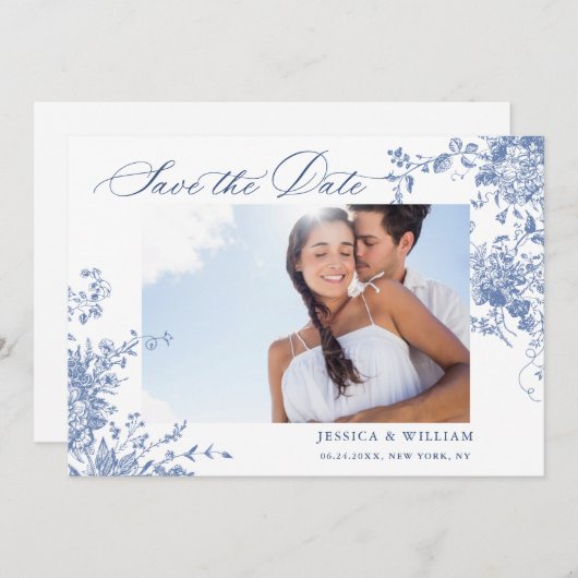 ブルービクトリアンフランスのバラガーデンQRコー結婚ド セーブザデート (正面/裏面)