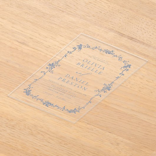 ブルービクトリアンフランスのヴィンテージ結婚式 アクリル招待状 (レイダウン)
