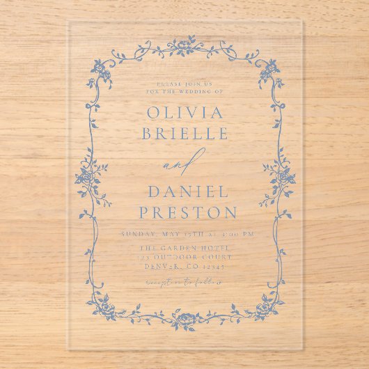 ブルービクトリアンフランスのヴィンテージ結婚式 アクリル招待状 (正面)