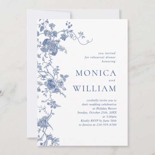 ブルービクトリアンフローラリハフランスのーサルディナー 招待状 (正面)