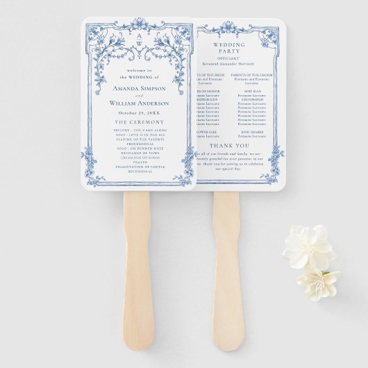 ブルービクトリアン結婚の式プログラム ハンドファン (正面&裏面)